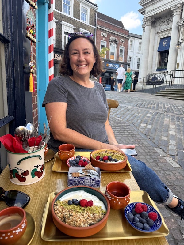 Presbyterian College professor Dr. Emily Taylor takes lunch in an Iraqi cafe in Norwich, England, during her two-week in-resident research at the British Library in London.