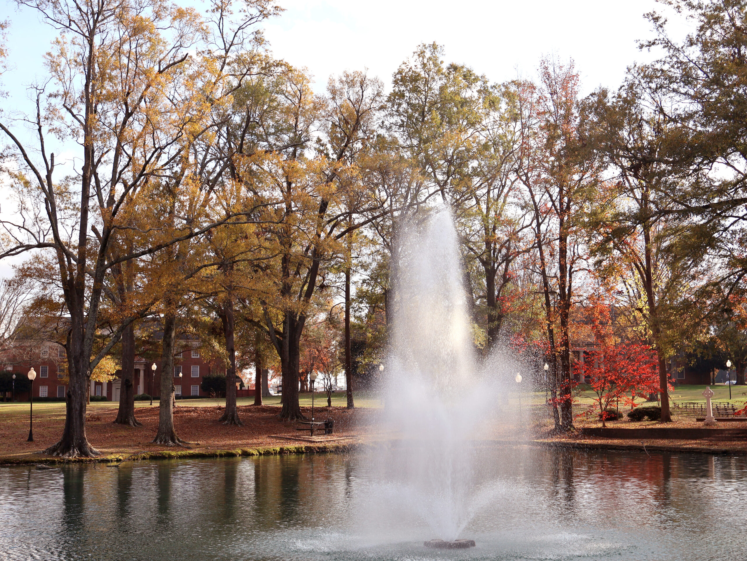 Presbyterian College fountain and pond in the fall.