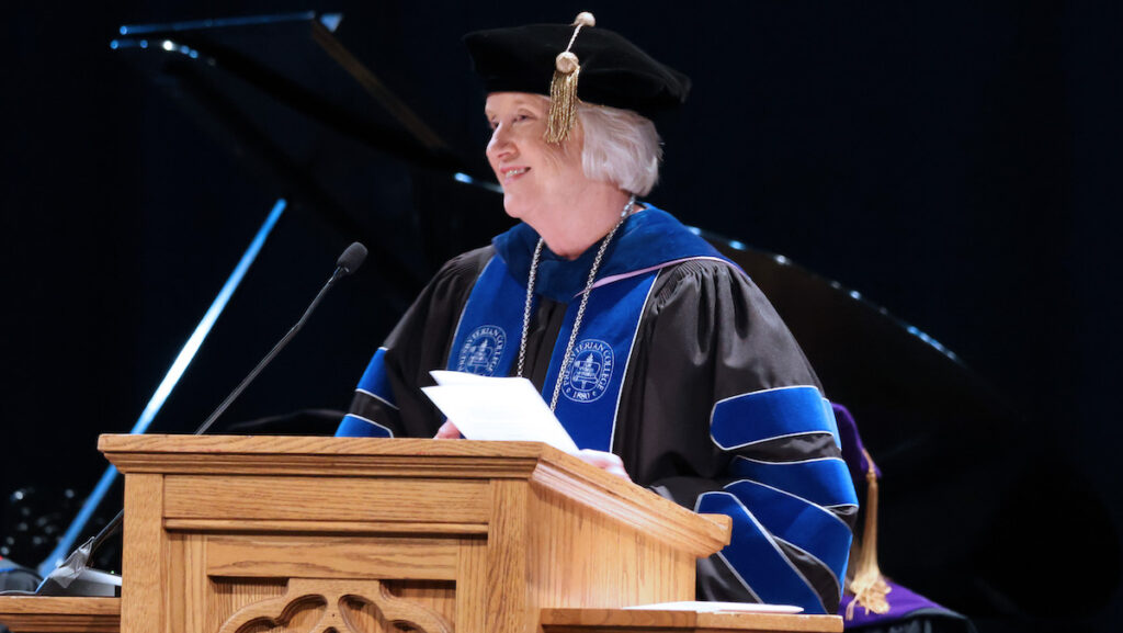 Presbyterian College president Dr. Anita Gustafson welcomes the campus community to the 146th academic year at the college's opening convocation service.