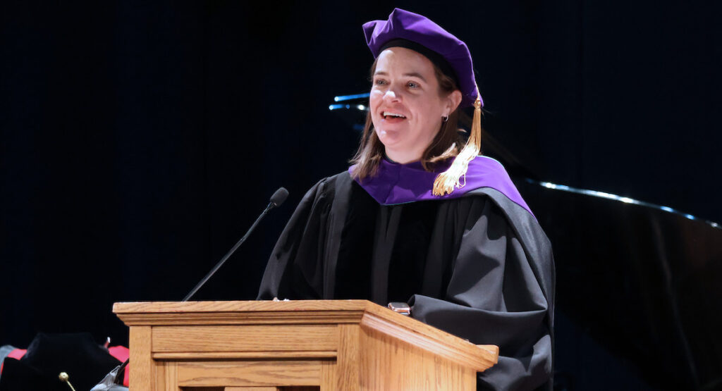 Presbyterian College alumna Rev. Dorothy Blackwelder '03 addresses the college community at her alma mater's opening convocation ceremony.