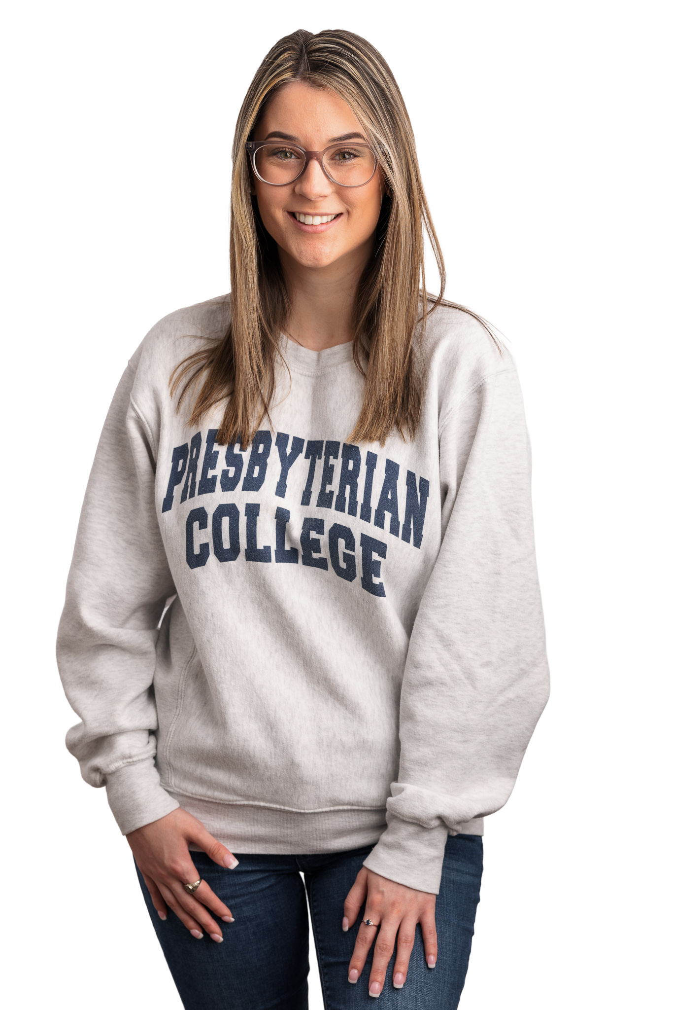 Presbyterian College student wearing a PC sweatshirt. 